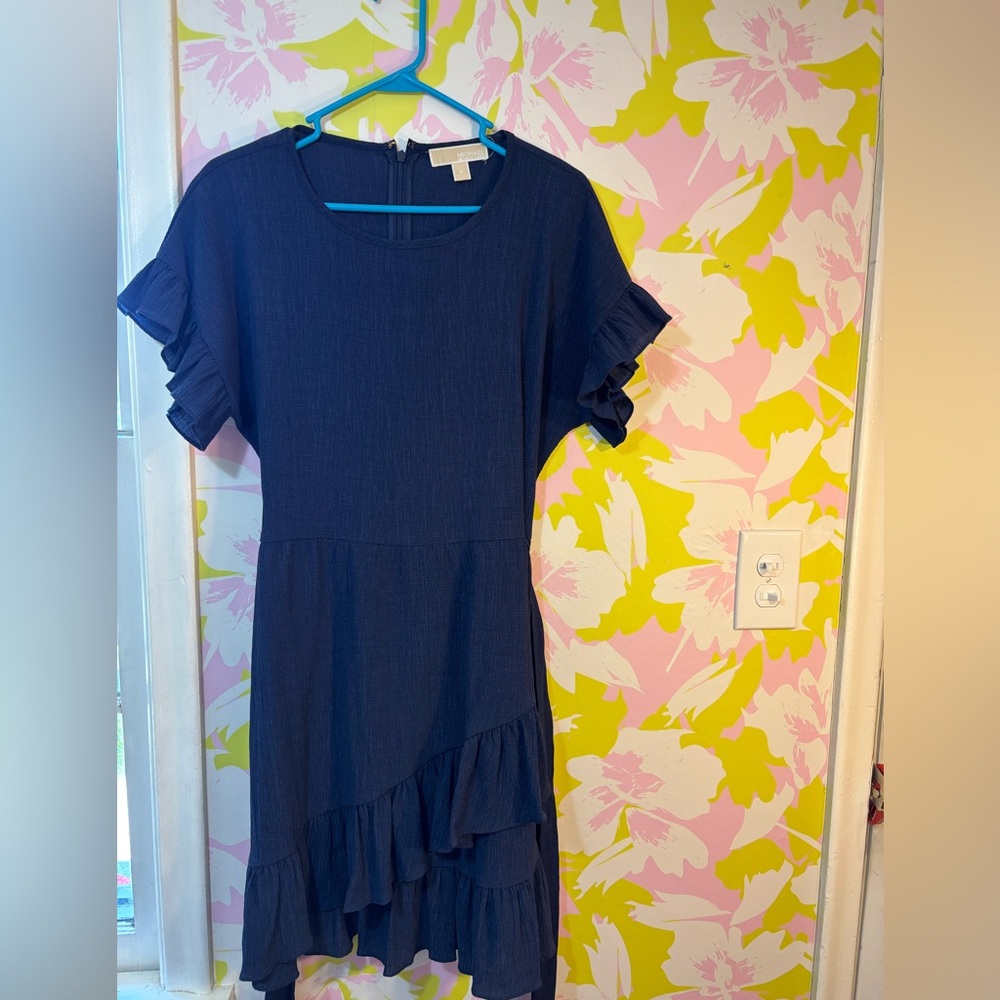 Michael Kors Ruffled Short Sleeve Navy Blue textured Dress